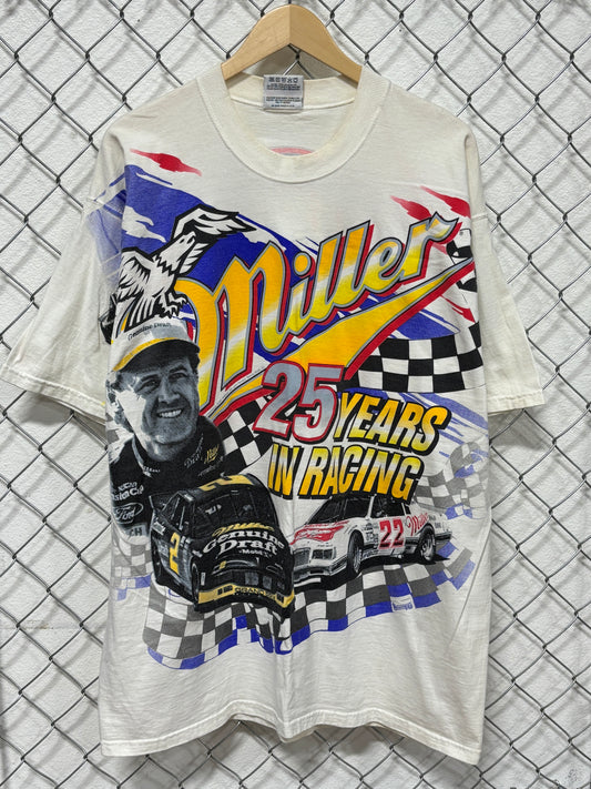 Vintage 90's NASCAR Miller Lite 25 Years in Racing AOP Tee Size XL
