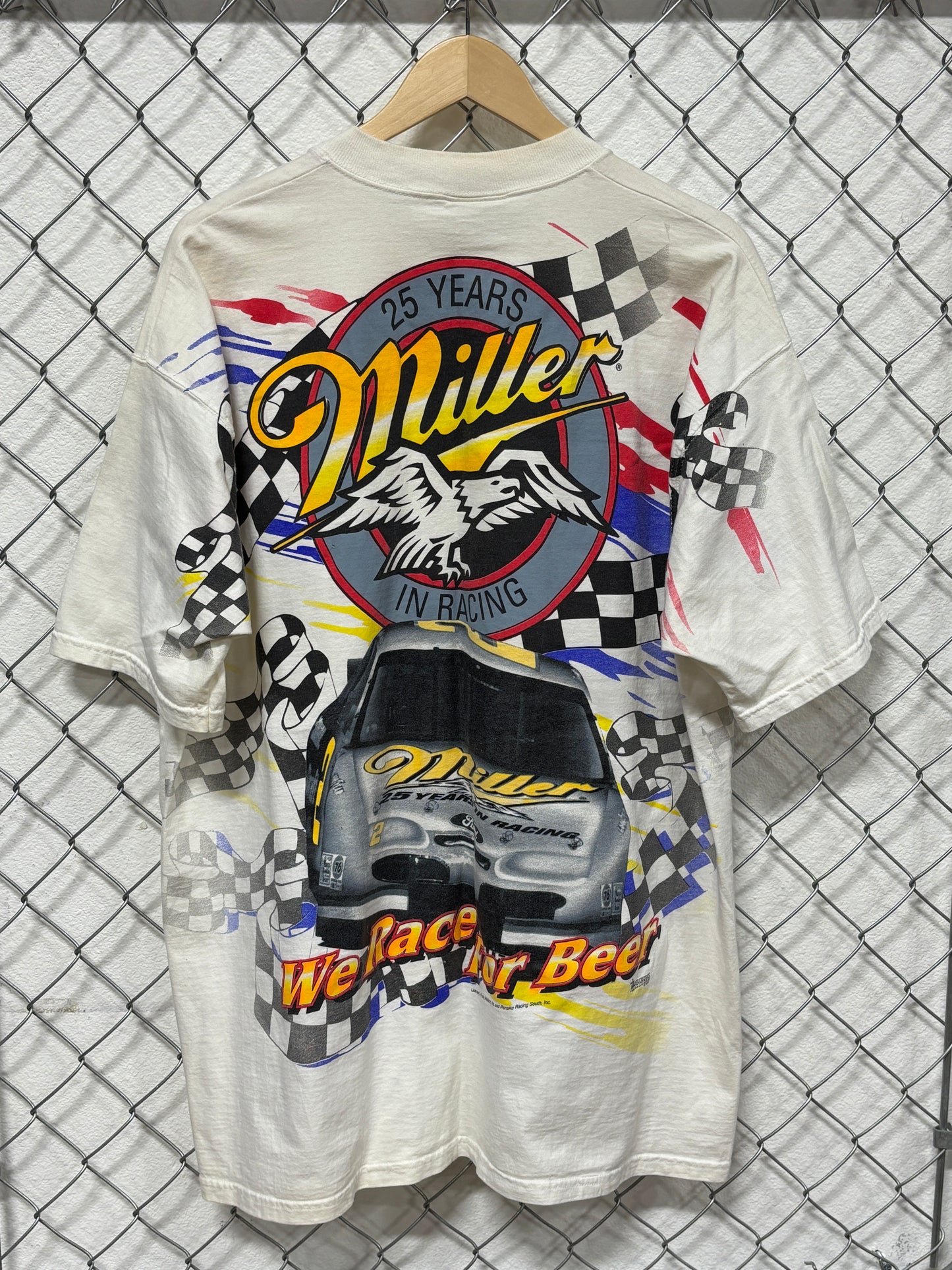 Vintage 90's NASCAR Miller Lite 25 Years in Racing AOP Tee Size XL