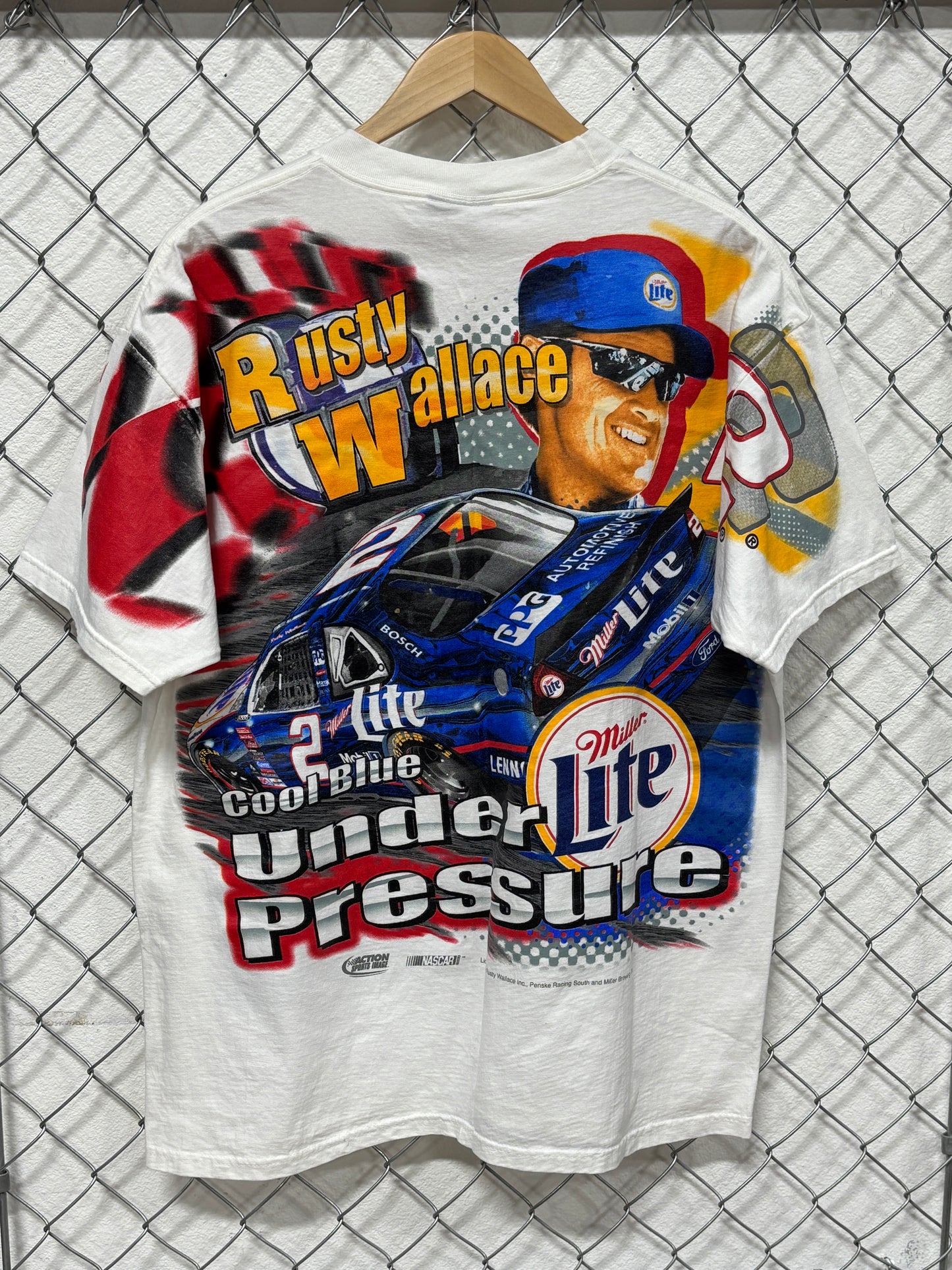 Vintage 90's NASCAR Rusty Wallace Under Pressure AOP Racing Tee Size Large