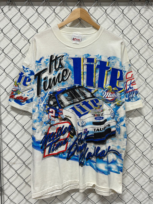 Vintage 90's NASCAR Rusty Wallace It's Time Miller Lite AOP Racing Tee Size XL