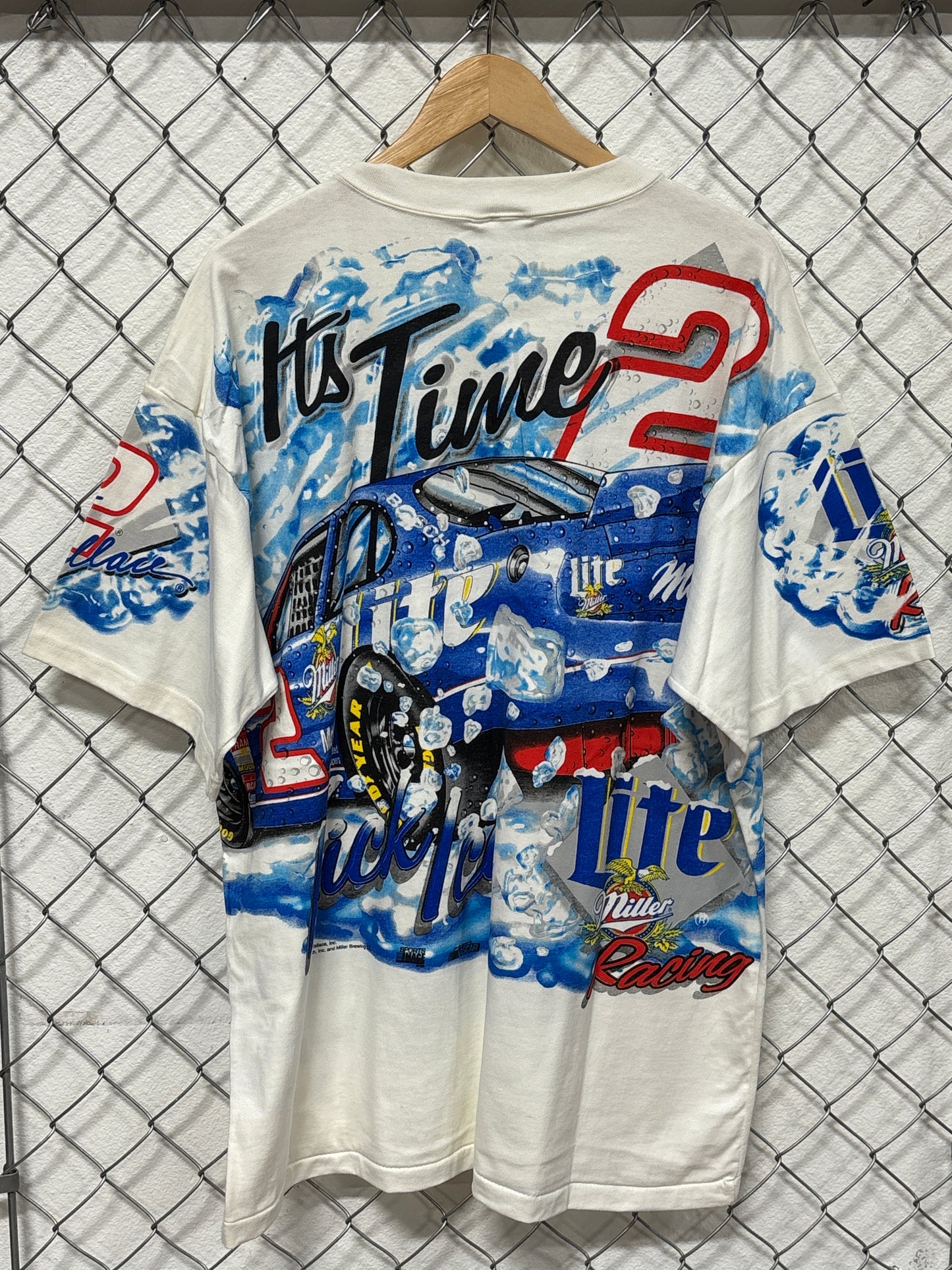 Vintage 90's NASCAR Rusty Wallace It's Time Miller Lite AOP Racing Tee Size XL