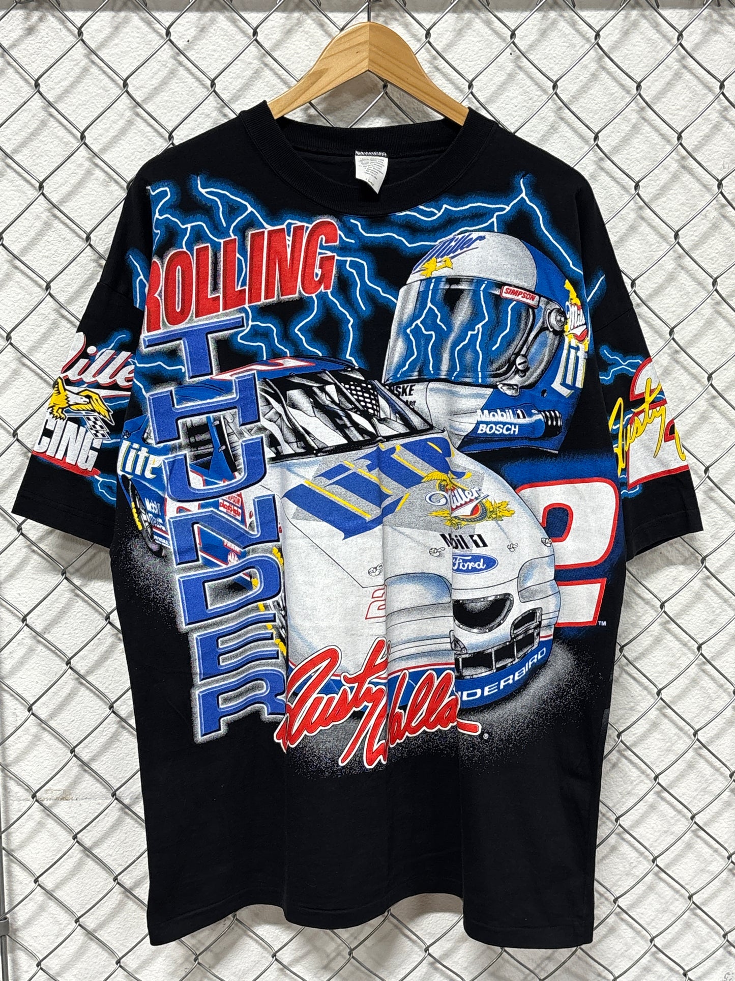 Vintage 90's NASCAR Rusty Wallace Rolling Thunder Lightning AOP Tee Size XL