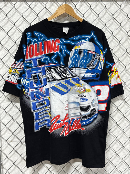 Vintage 90's NASCAR Rusty Wallace Rolling Thunder Lightning AOP Tee Size XL