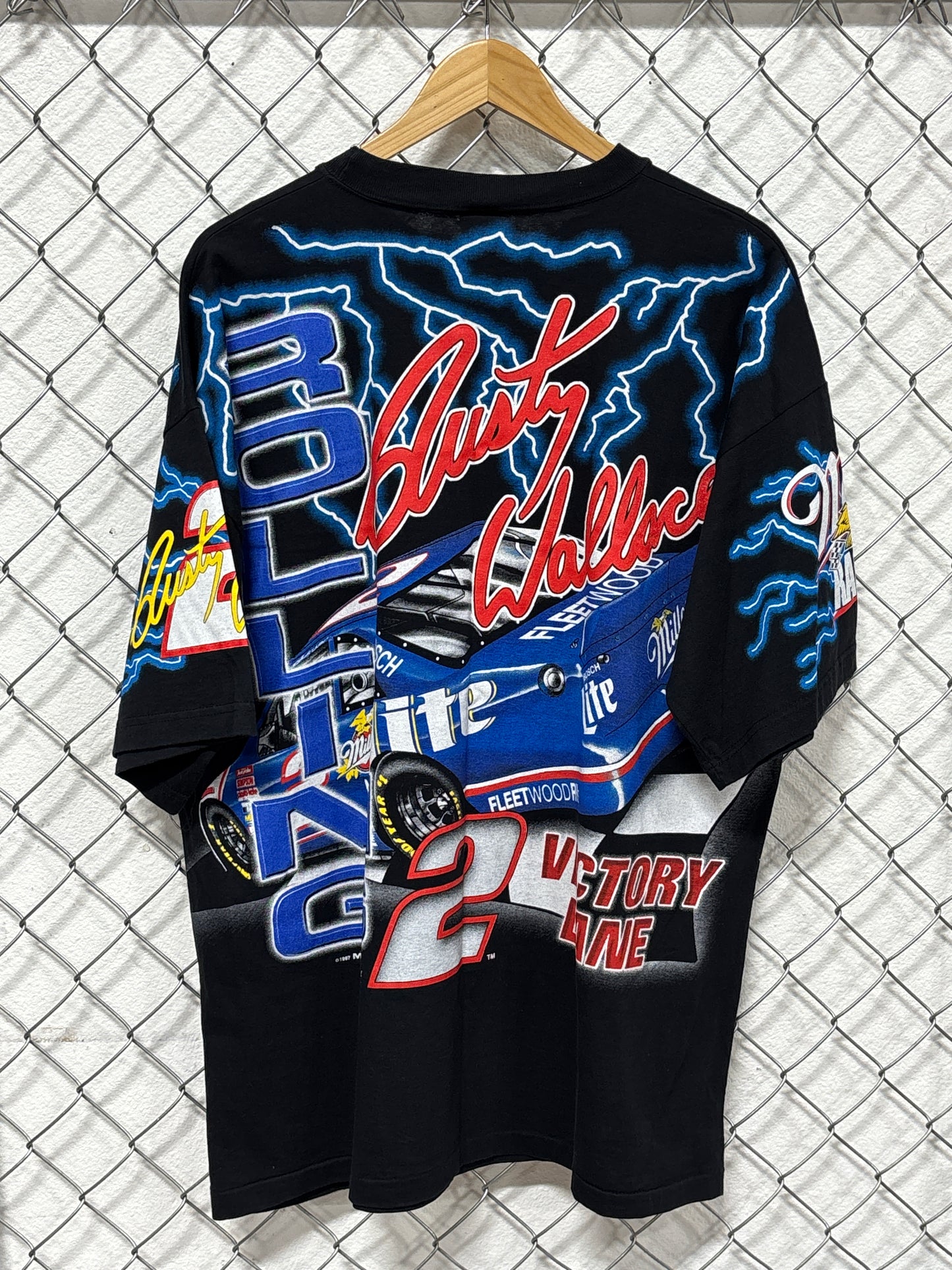 Vintage 90's NASCAR Rusty Wallace Rolling Thunder Lightning AOP Tee Size XL