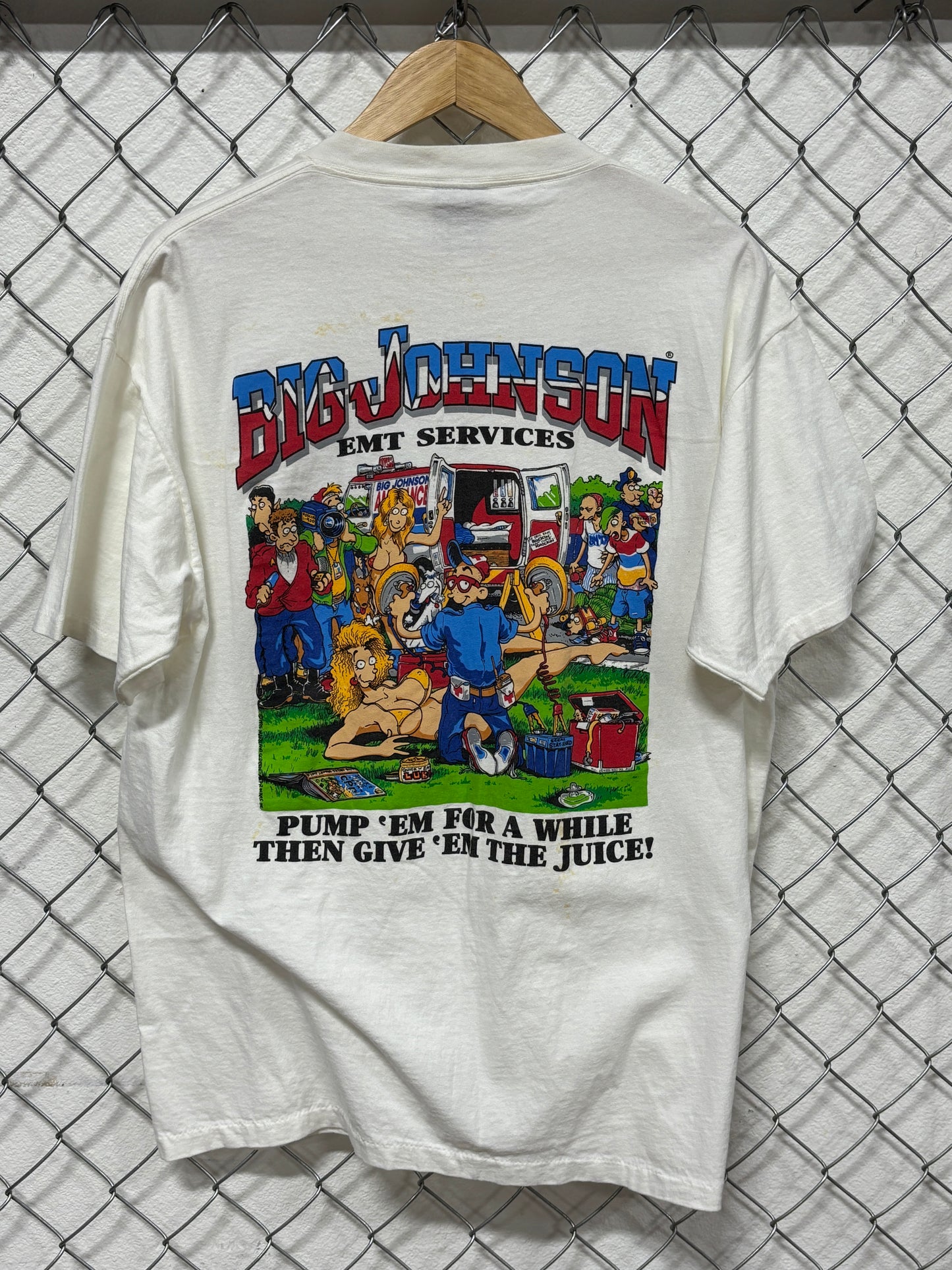 Vintage 90's Big Johnson EMT Services Come Fastest Funny Graphic Tee Size XL