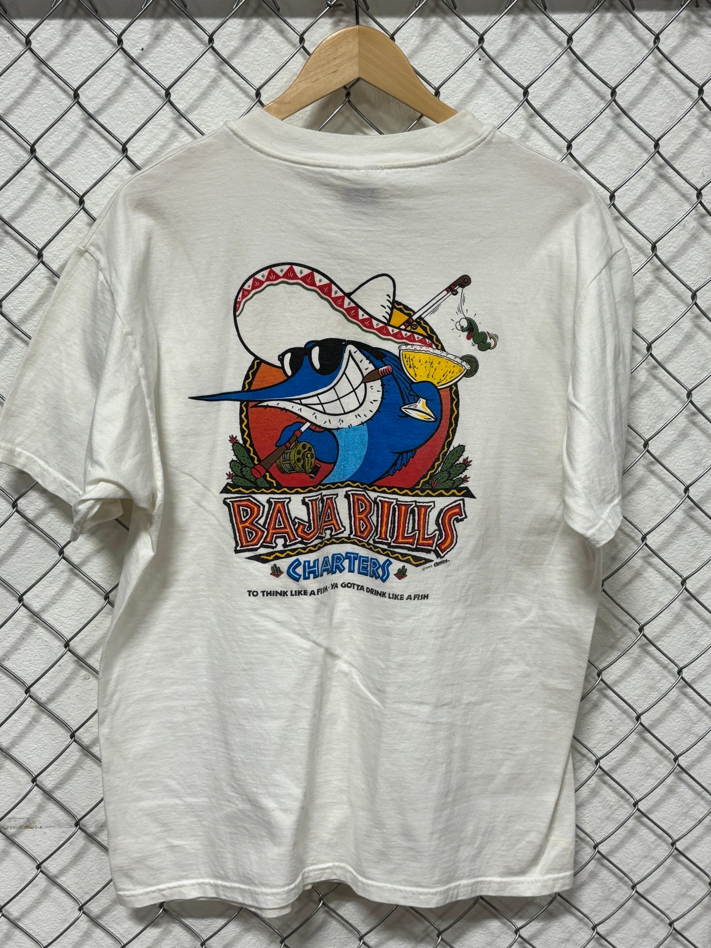 Vintage 90's Baja Bills Charters Drink Like a Fish Cartoon Tee Size XL