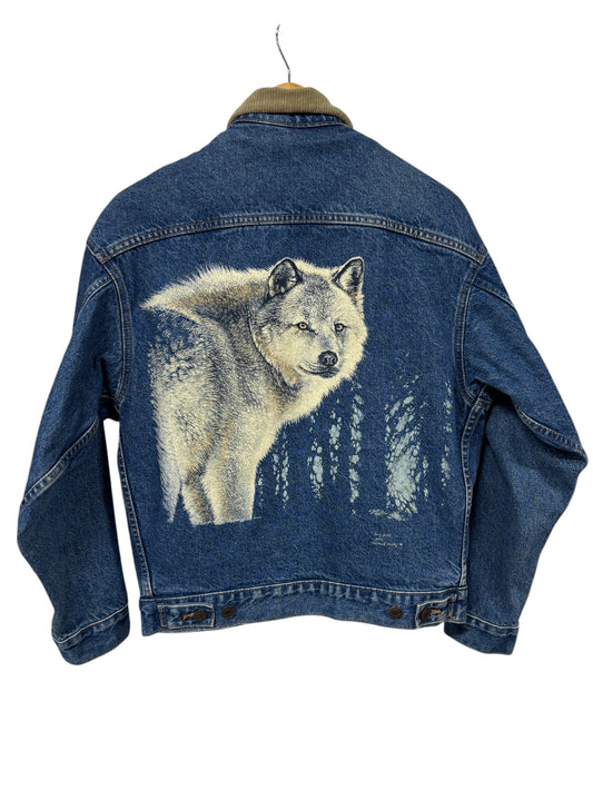 Vintage Denim Blanket Lined Trucker Jacket Wolf Graphic Size Small