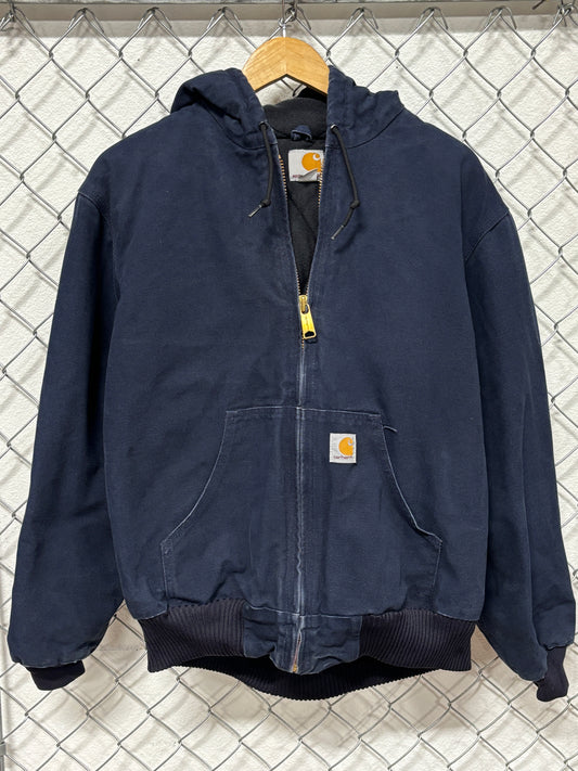 Vintage Carhartt J130 Navy Blue Full Zip Workwear Hooded Jacket Size Medium
