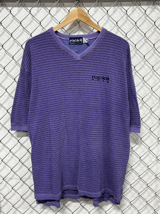 Vintage 90's Rocke Gear Purple V Neck Striped Tee Size Large