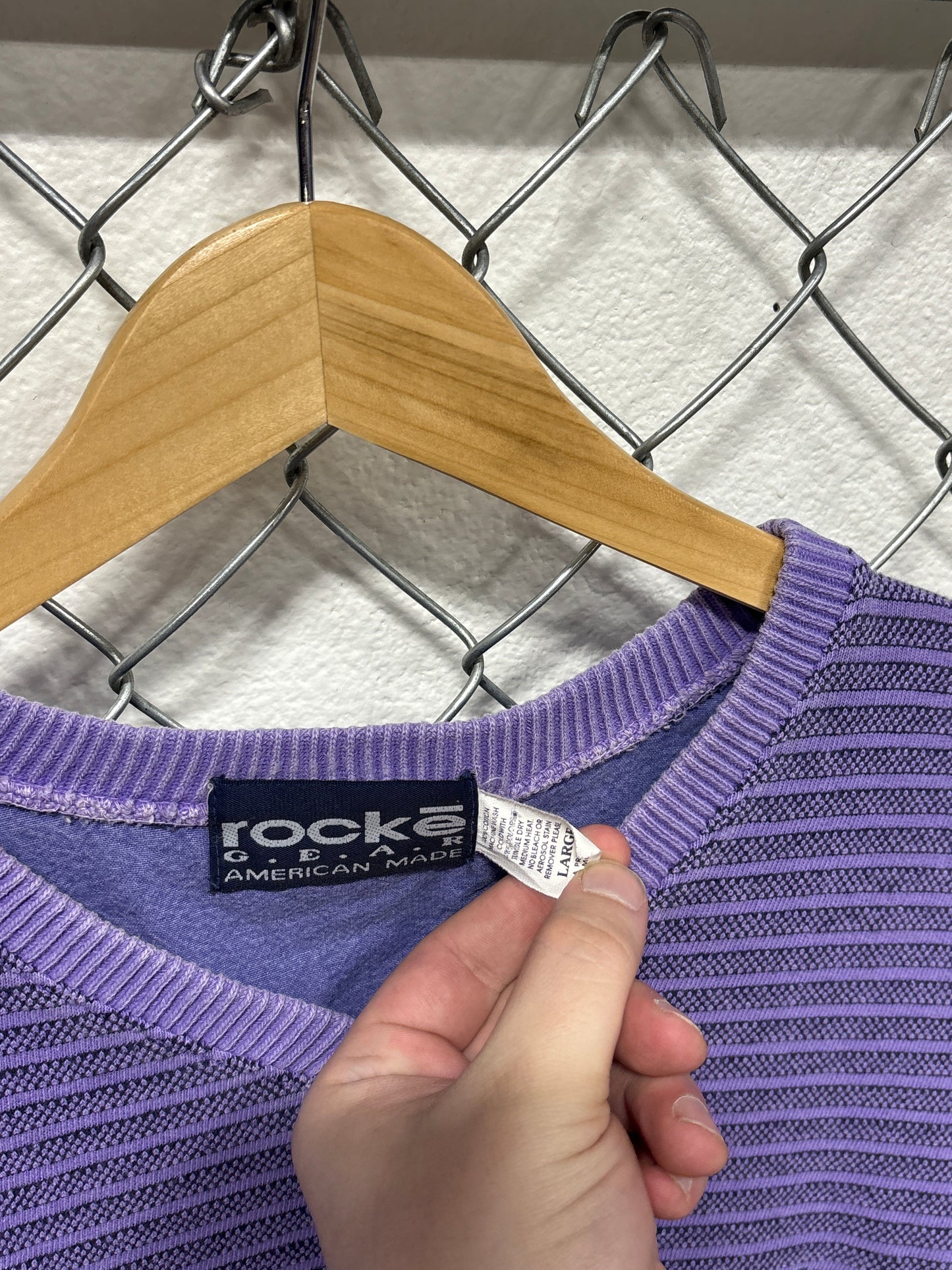 Vintage 90's Rocke Gear Purple V Neck Striped Tee Size Large