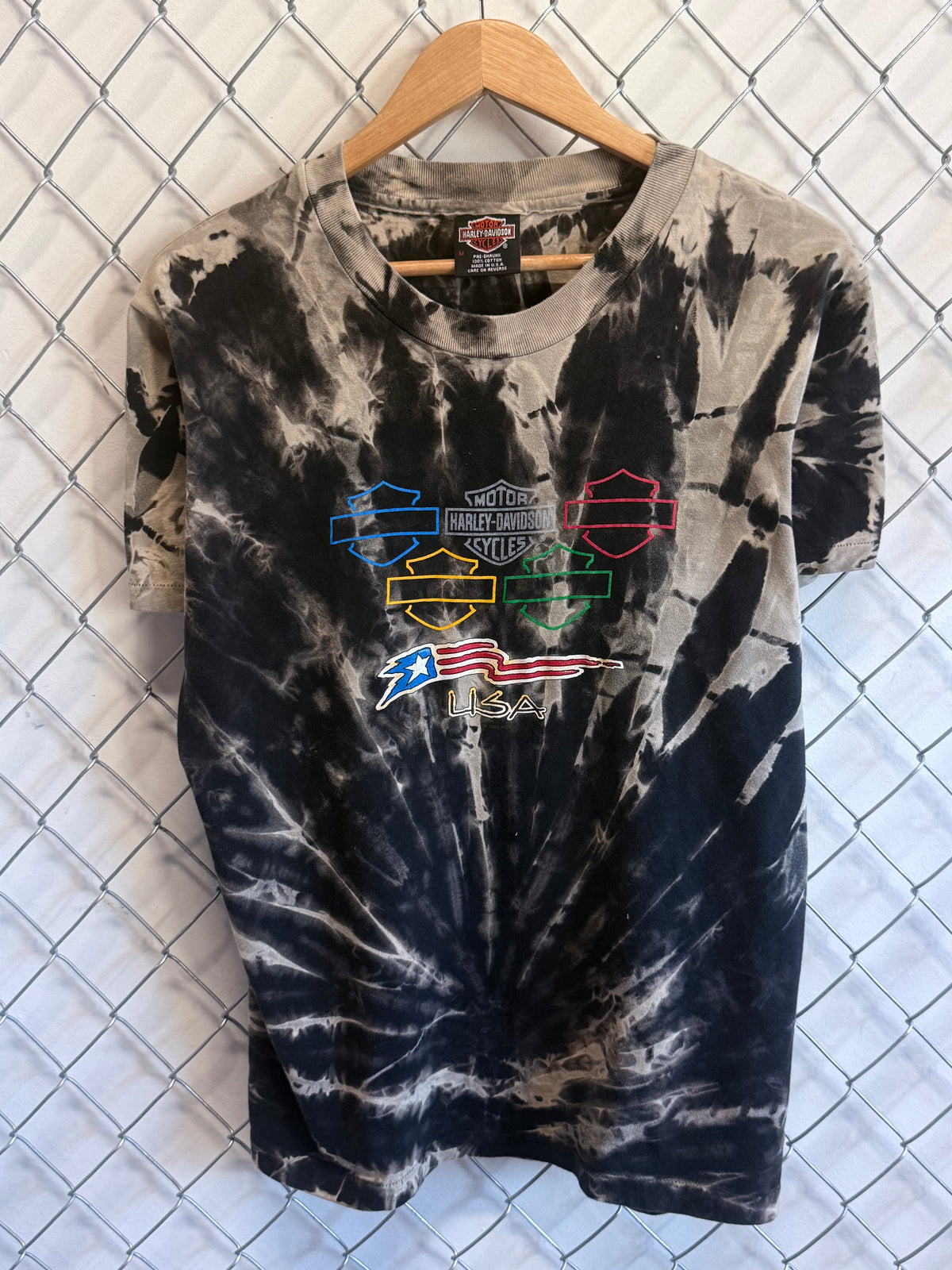 Vintage 1995 Harley Davidson Patches USA Flag Tie Dye Tee Size Medium
