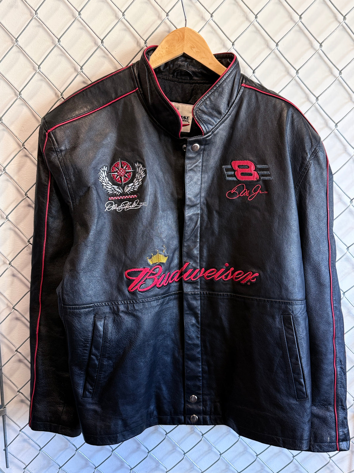 Vintage NASCAR Budweiser Earnhardt Jr. Black Leather Racing Jacket Size Large
