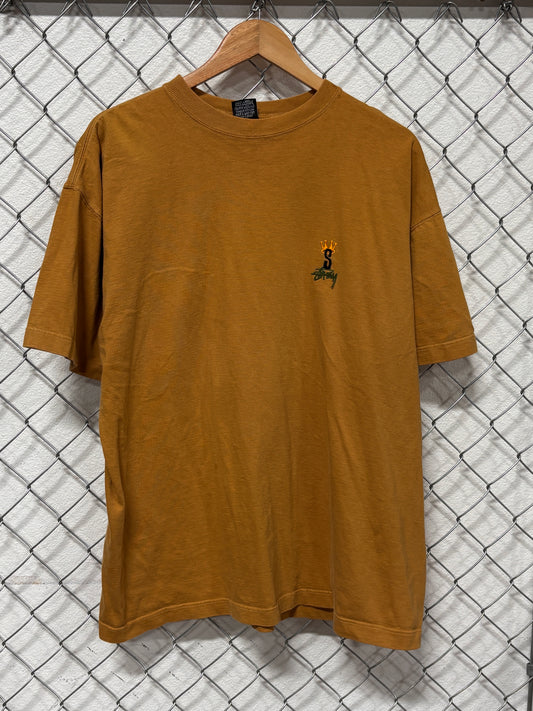 Vintage 90's Stussy Made in USA S Crown Logo Orange Skate Tee Size XL