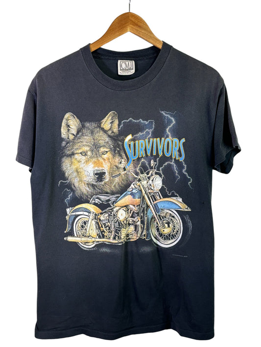 Vintage Wolf Big Print Survivors Sturgis Biker Rally Graphic Tee Size Medium