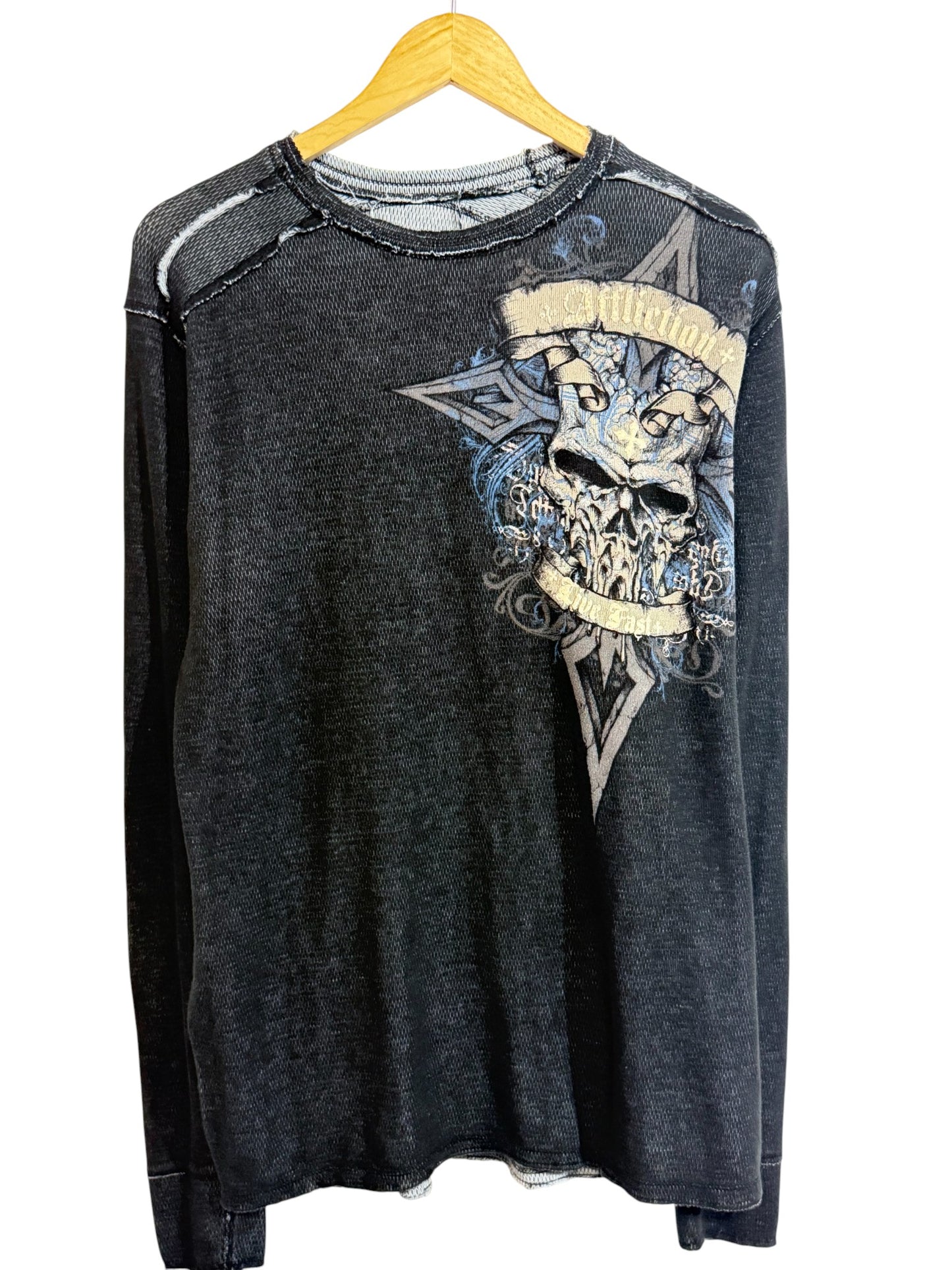Vintage Y2K Affliction Thermal Long Sleeve Blue Big Print Shirt Size Large