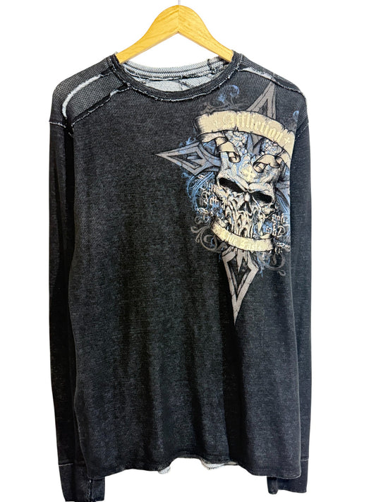 Vintage Y2K Affliction Thermal Long Sleeve Blue Big Print Shirt Size Large