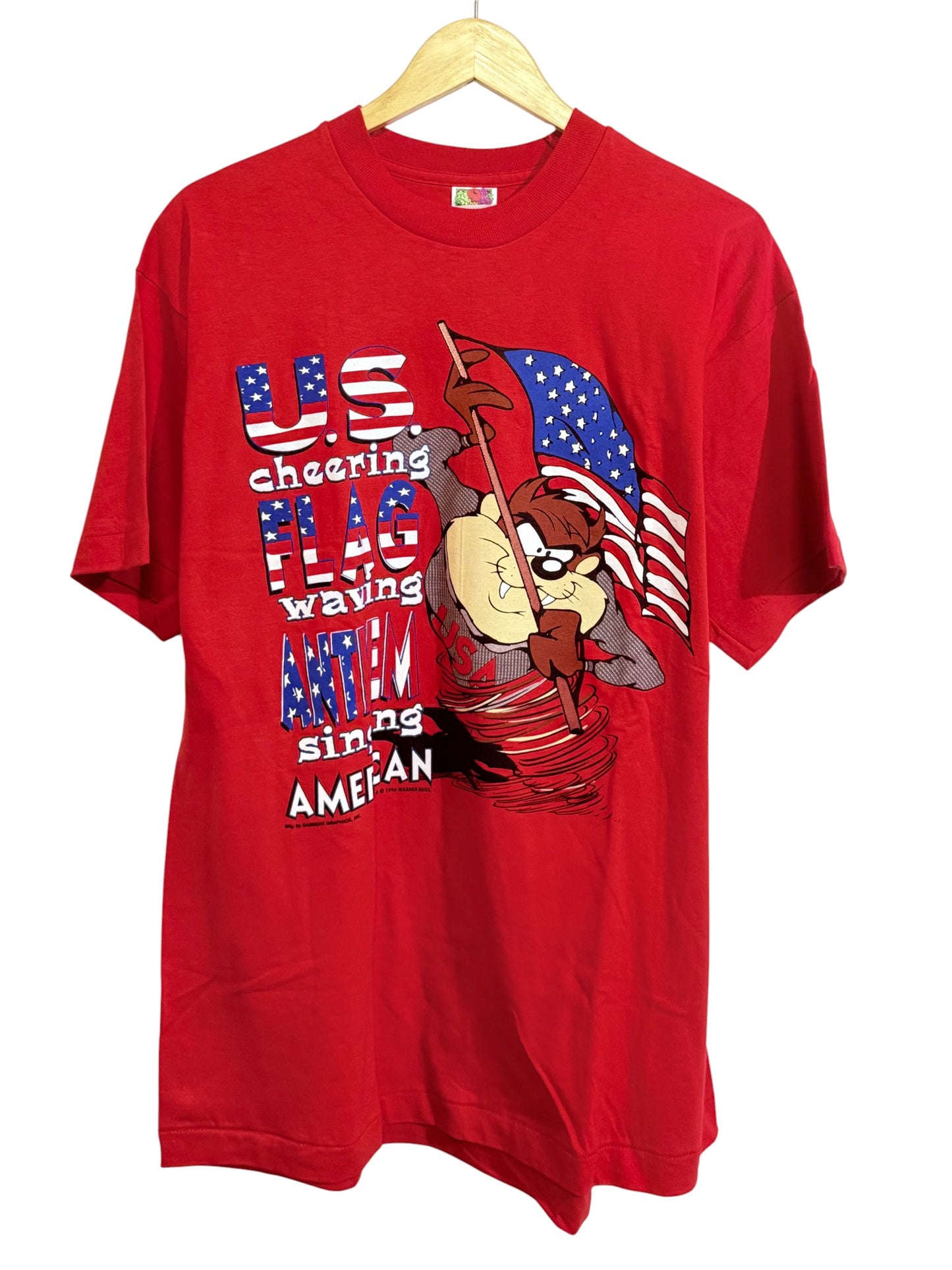 Vintage 90's Looney Tunes Taz American Flag Waving Cartoon Tee Size XL