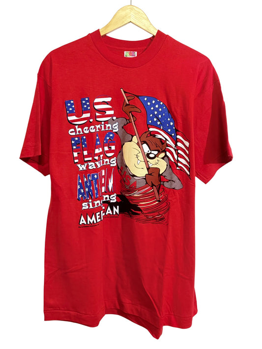 Vintage 90's Looney Tunes Taz American Flag Waving Cartoon Tee Size XL
