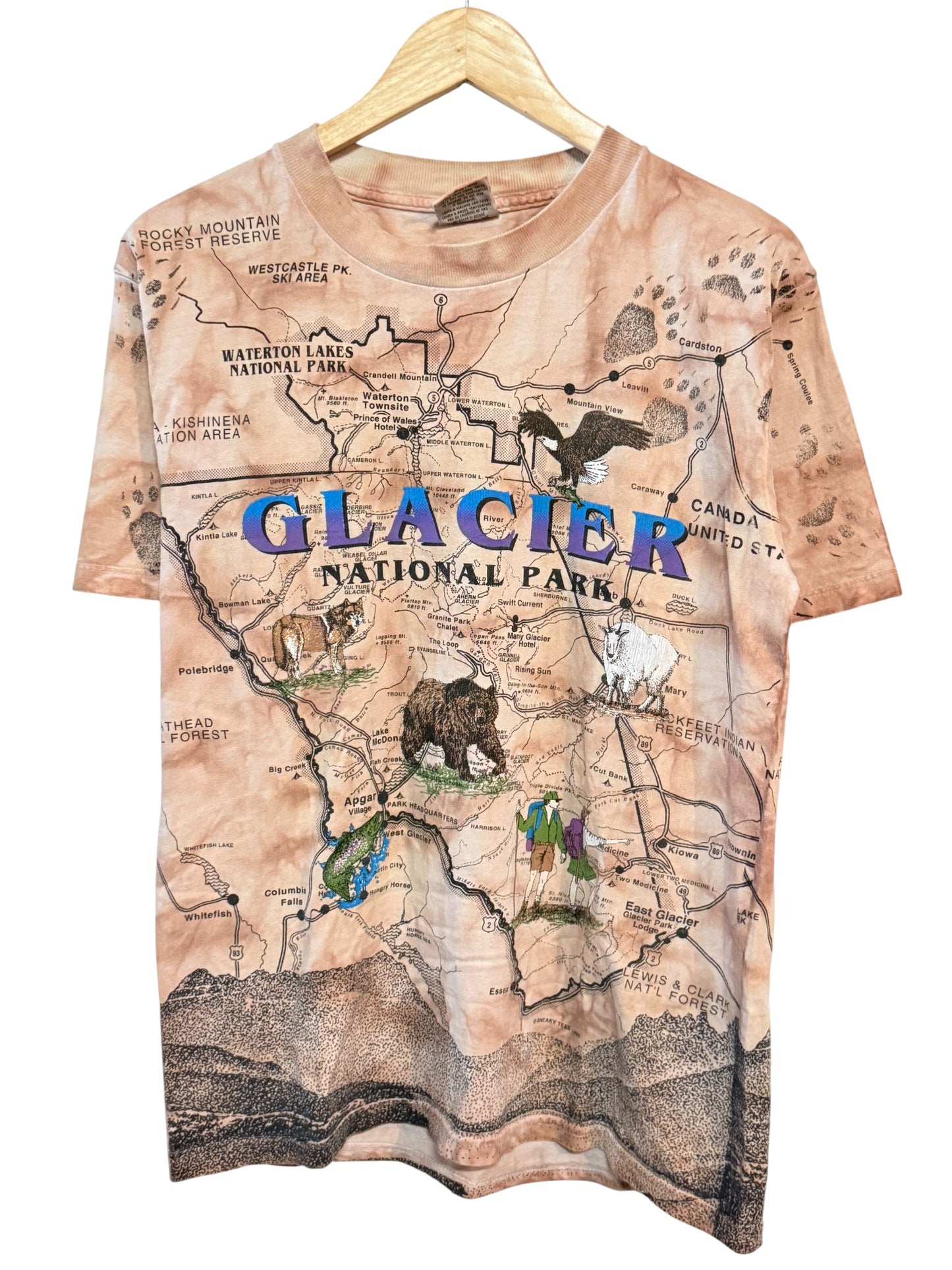Vintage 90's Glacier National Park Map All Over Print Nature Tee Size Medium
