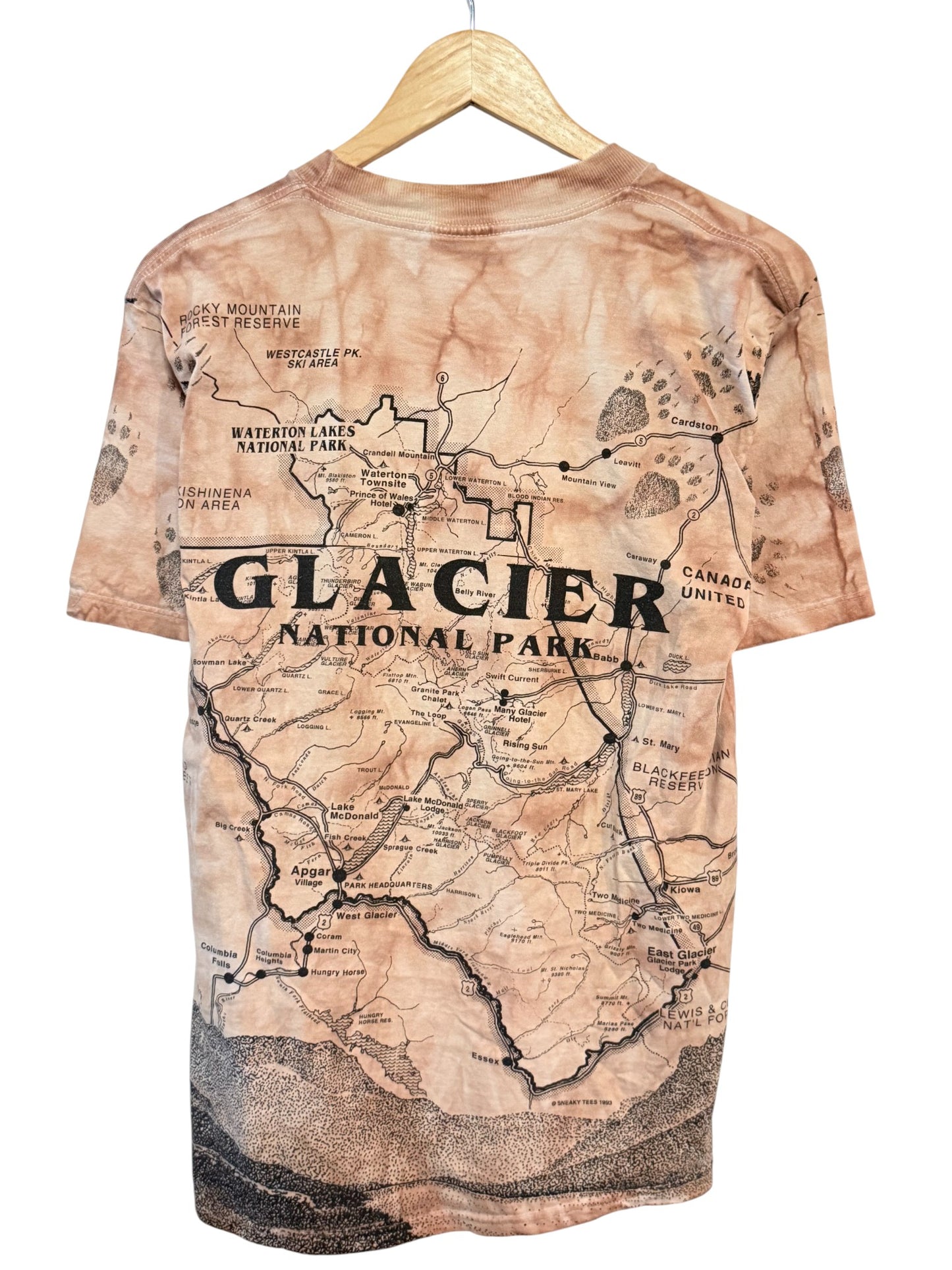 Vintage 90's Glacier National Park Map All Over Print Nature Tee Size Medium