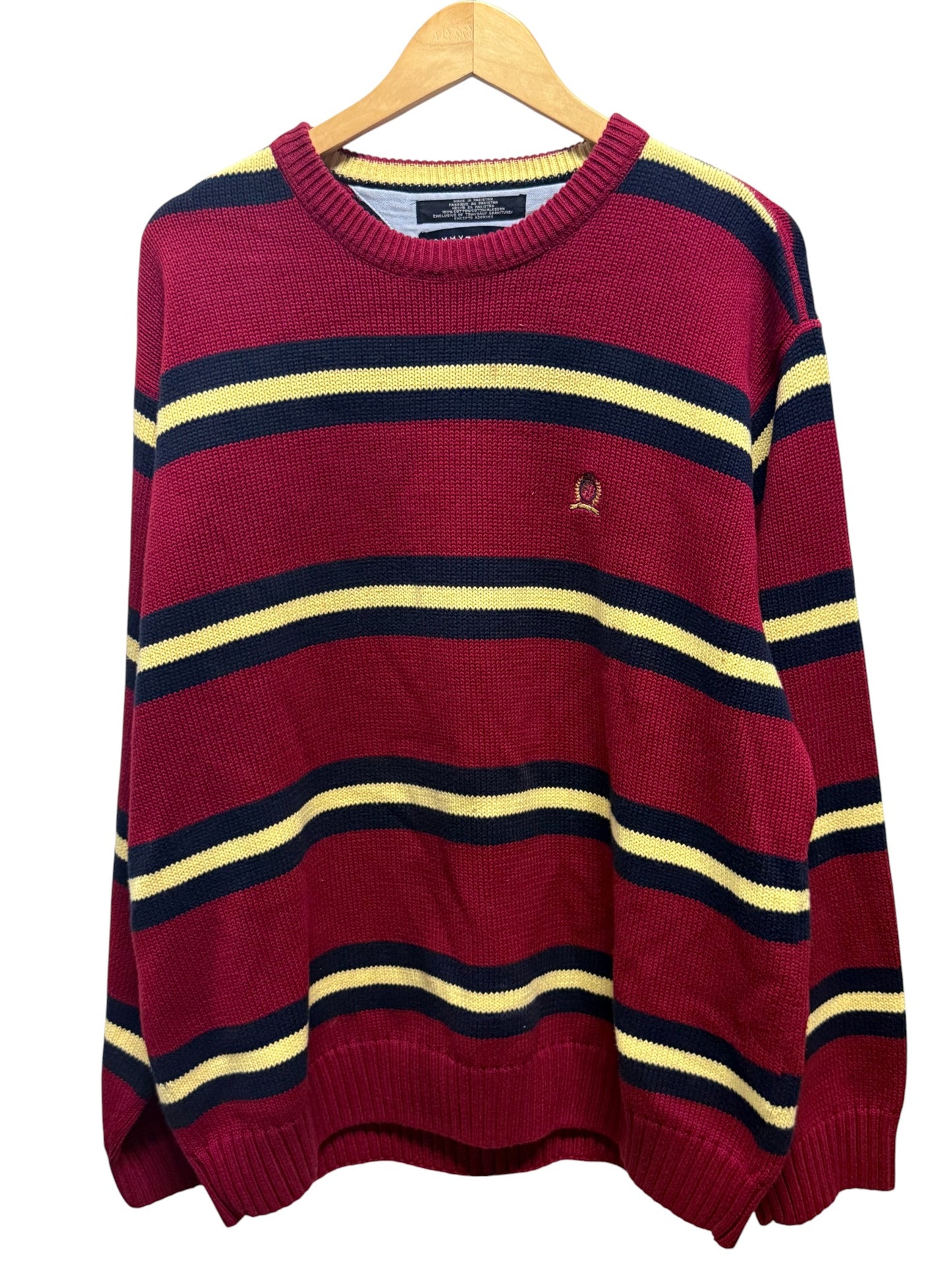 Vintage 90's Tommy Hilfiger Crest Logo Red Striped Sweater Size XL