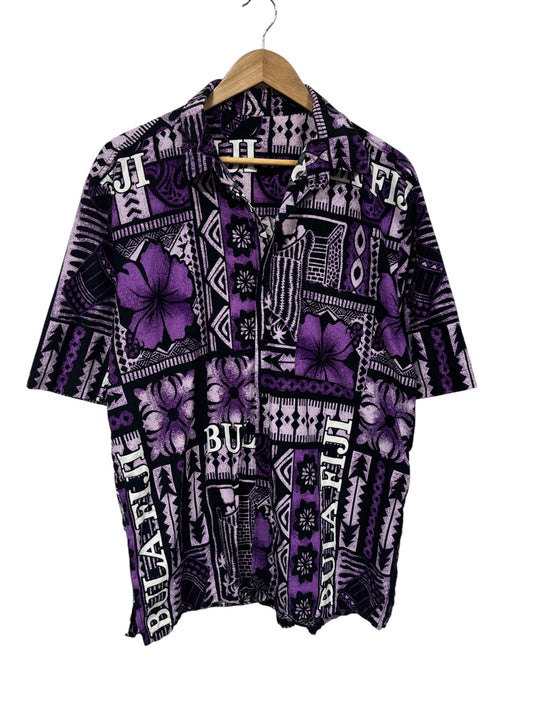 Vintage Fiji Purple Floral Print Vacation Button Up Short Sleeve Shirt Size XL