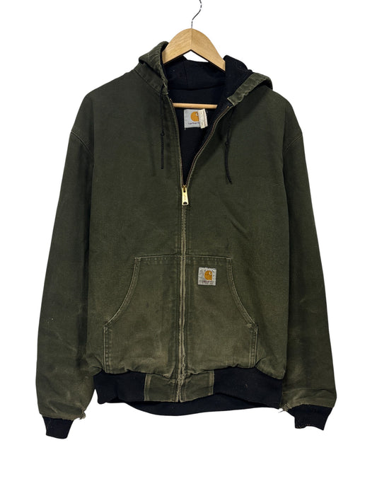 Vintage 90's Carhartt Olive Green Zip Up Faded Workwear Jacket Size Large