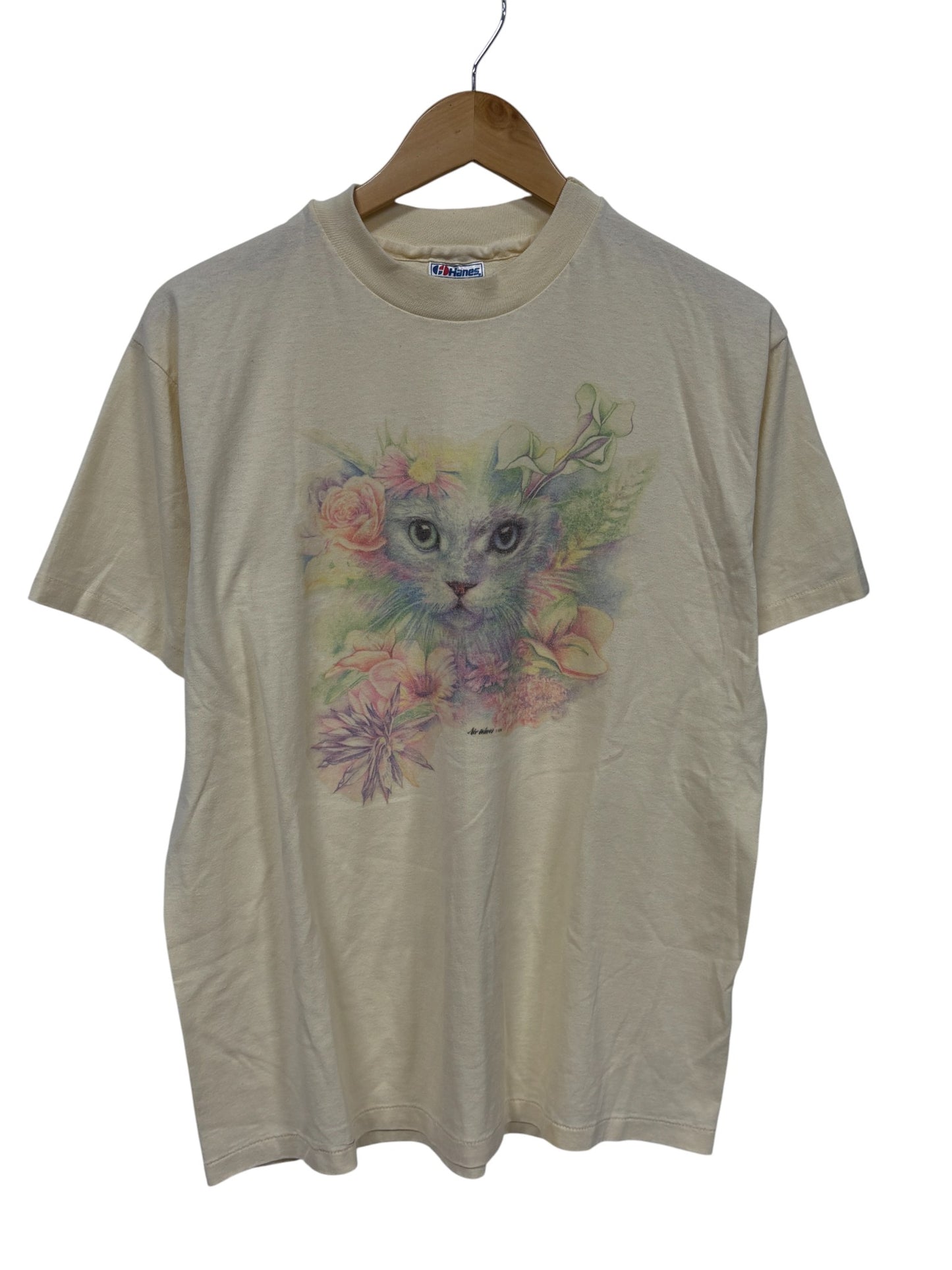 Vintage 90's Cat Flowers Art Graphic Tee Size Large