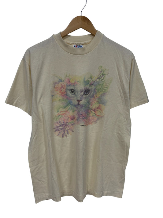 Vintage 90's Cat Flowers Art Graphic Tee Size Large