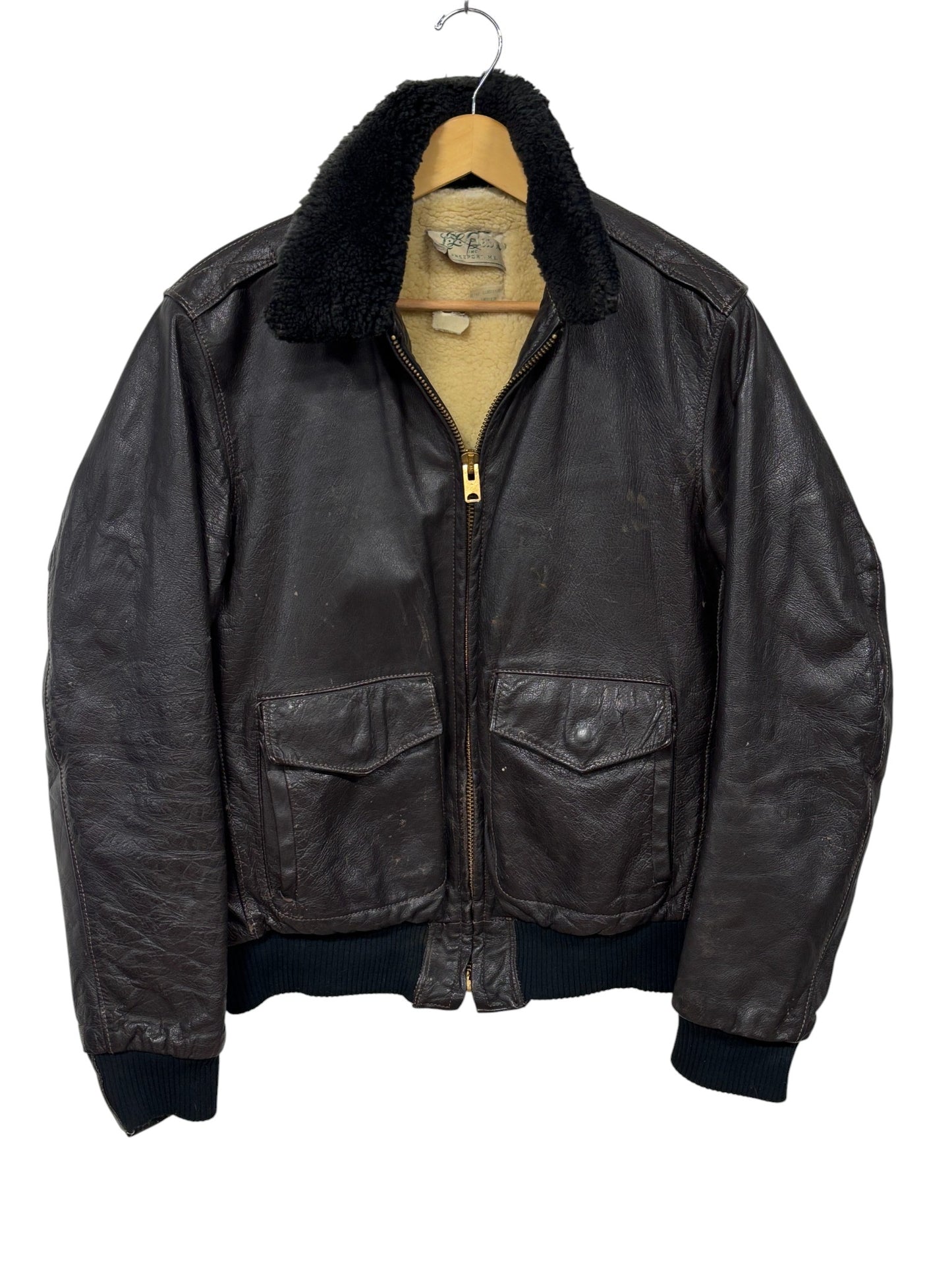Vintage 1950's LL Bean Brown Lambskin Leather Flight Jacket Size Large