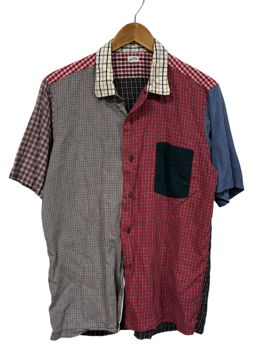 Vintage 80's Patchwork Plaid Button Up Short Sleeve Shirt Size Large
