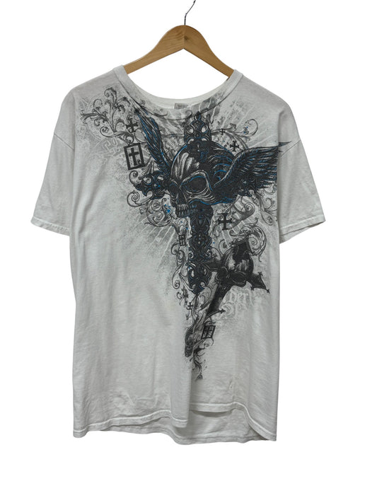 Vintage Y2K Affliction Style Skull Big Print Graphic Tee Size Large