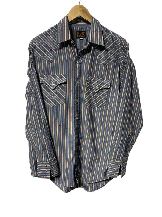 Vintage Plains Western Pearl Snap Striped Button Up Cowboy Shirt Size Medium