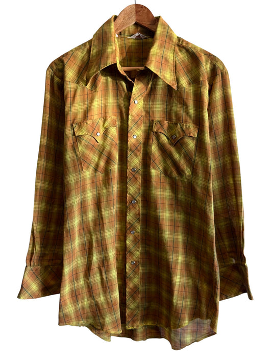 Vintage 70's Plaid Pearl Snap Western Wear Button Up Shirt Size Large