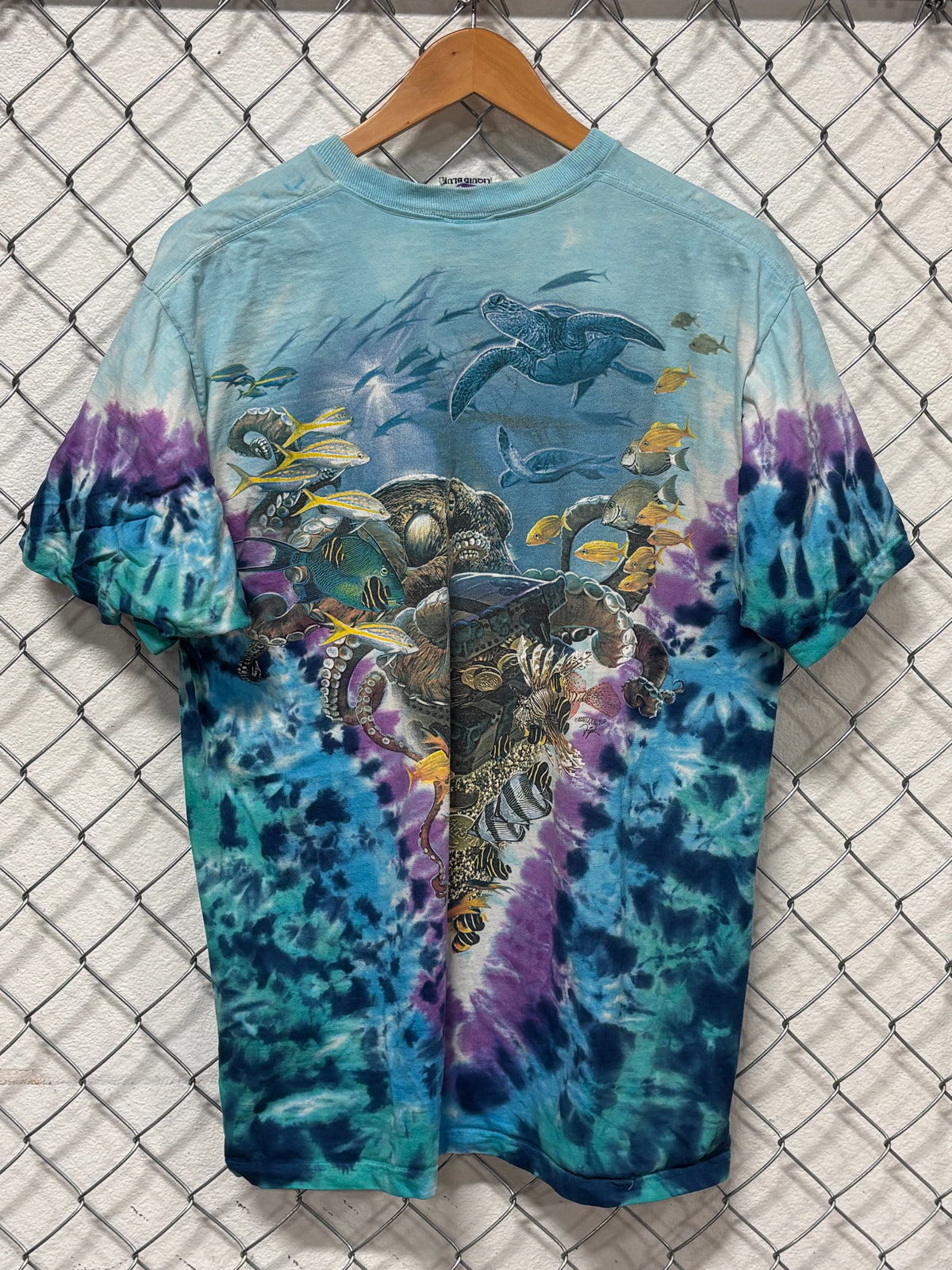 Vintage Liquid Blue Aquatic Life Nature All Over Print AOP Tee Size Large