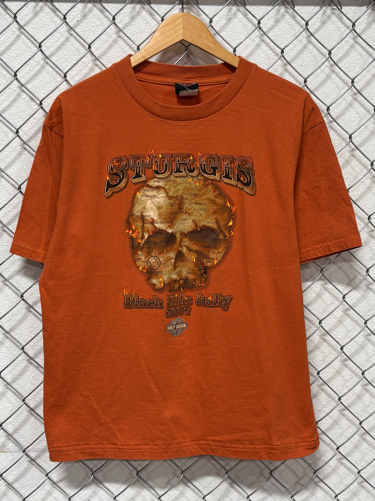 Y2K Harley Davidson Sturgis Biker Rally Orange Graphic Tee Size Large