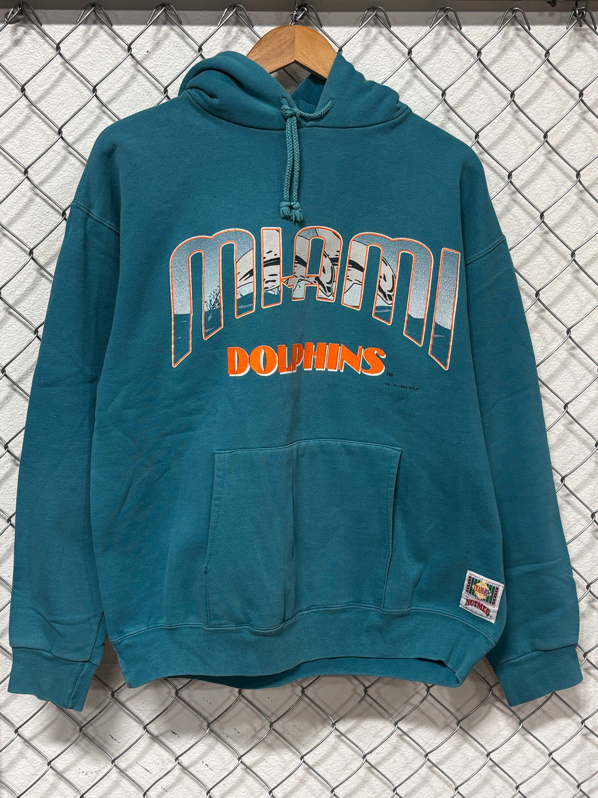 Vintage 1993 Nutmeg Miami Dolphins NFL Teal Blue Hoodie Size Medium
