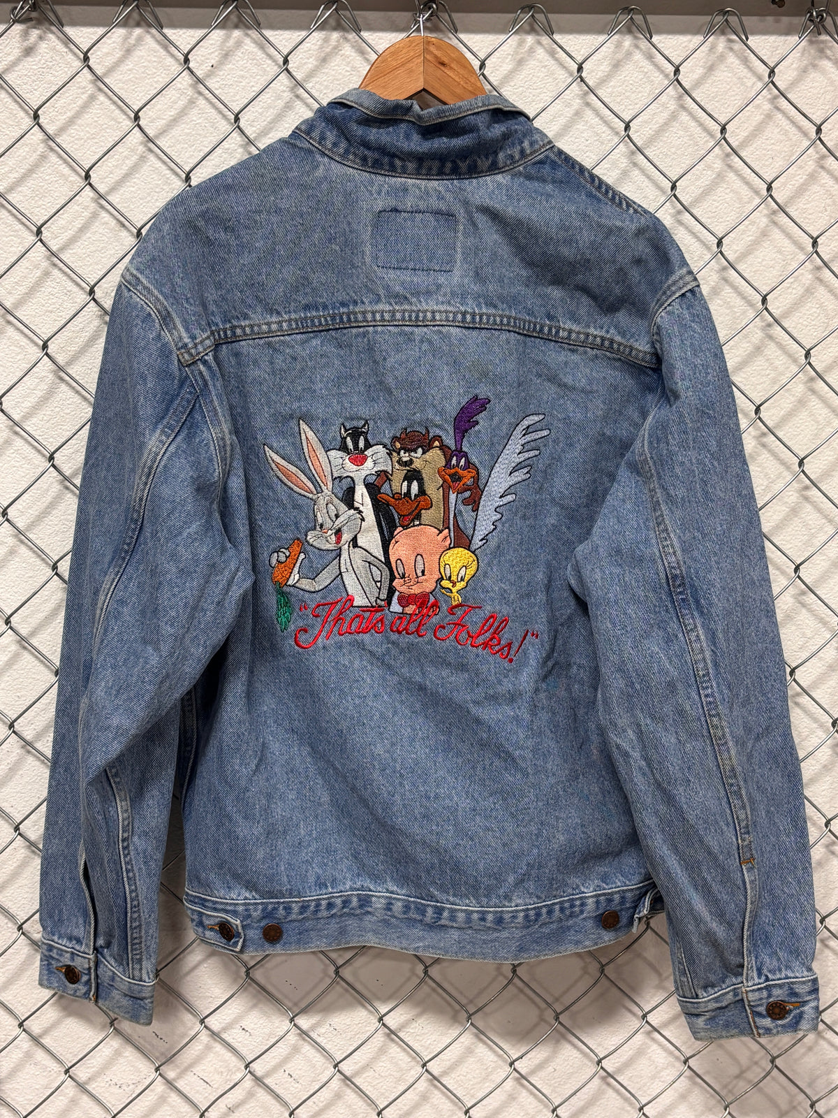 Vintage 90's Looney Tunes Thats All Folks Embroidered Cartoon Denim Jacket Size Large