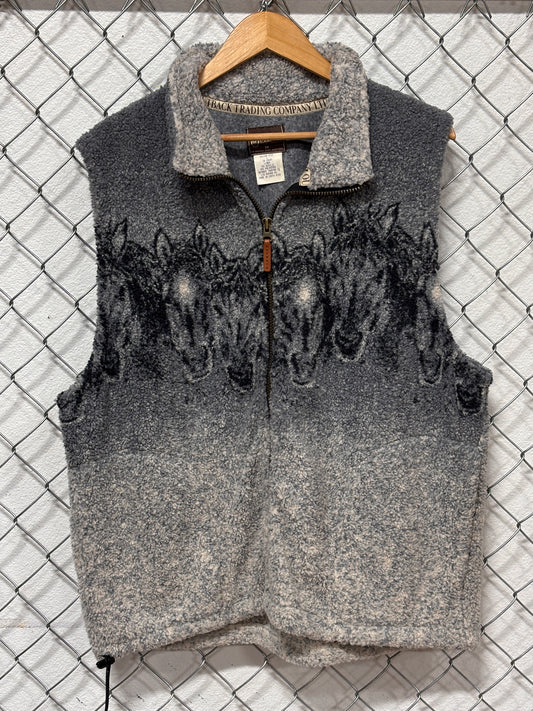 Vintage 90's Wild Horses All Over Print Grey Fleece Zip Up Vest Size Large