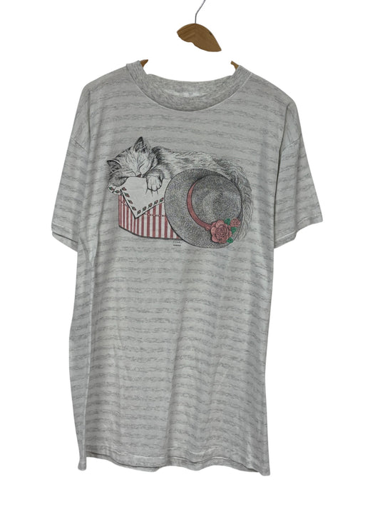 Vintage 90's Kitten Sleeping Striped Graphic Tee Size XL Tall