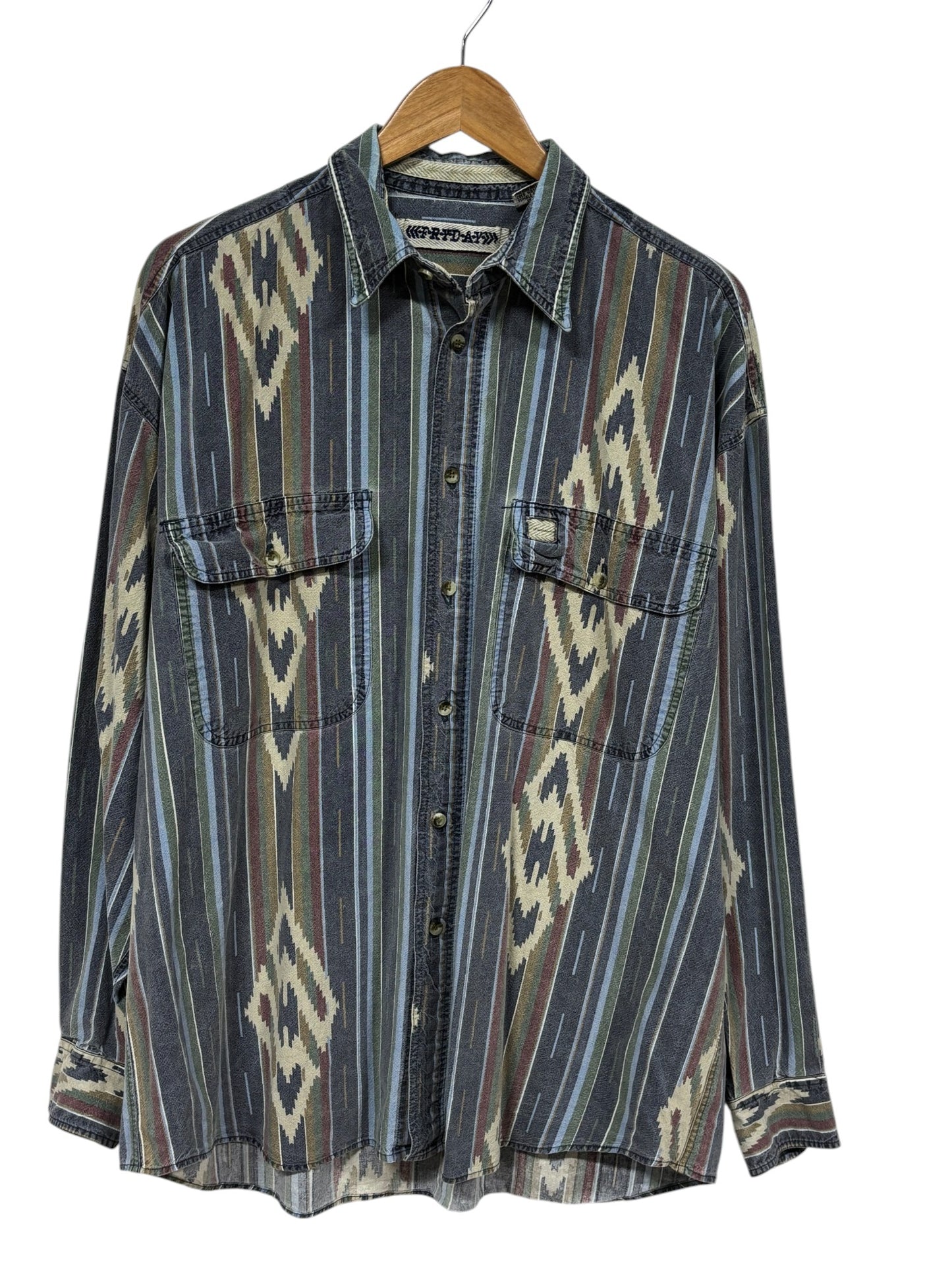 Vintage Fryday Western Aztec Print Button Up Brushpopper Shirt Size Medium