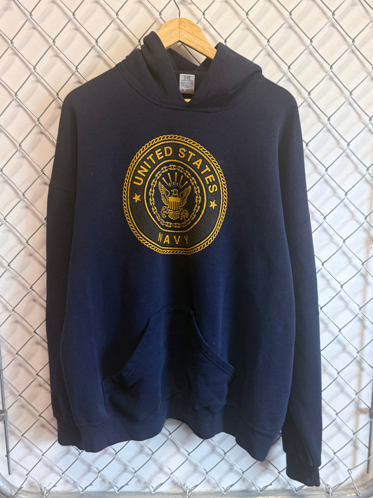 Vintage 90's United States Navy Military Crest Logo Blue Hoodie Size XXL
