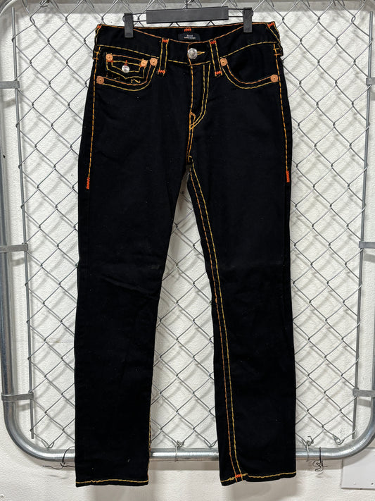 True Religion Ricky Relaxed Straight Black Orange Stitching Jeans Size 32x32
