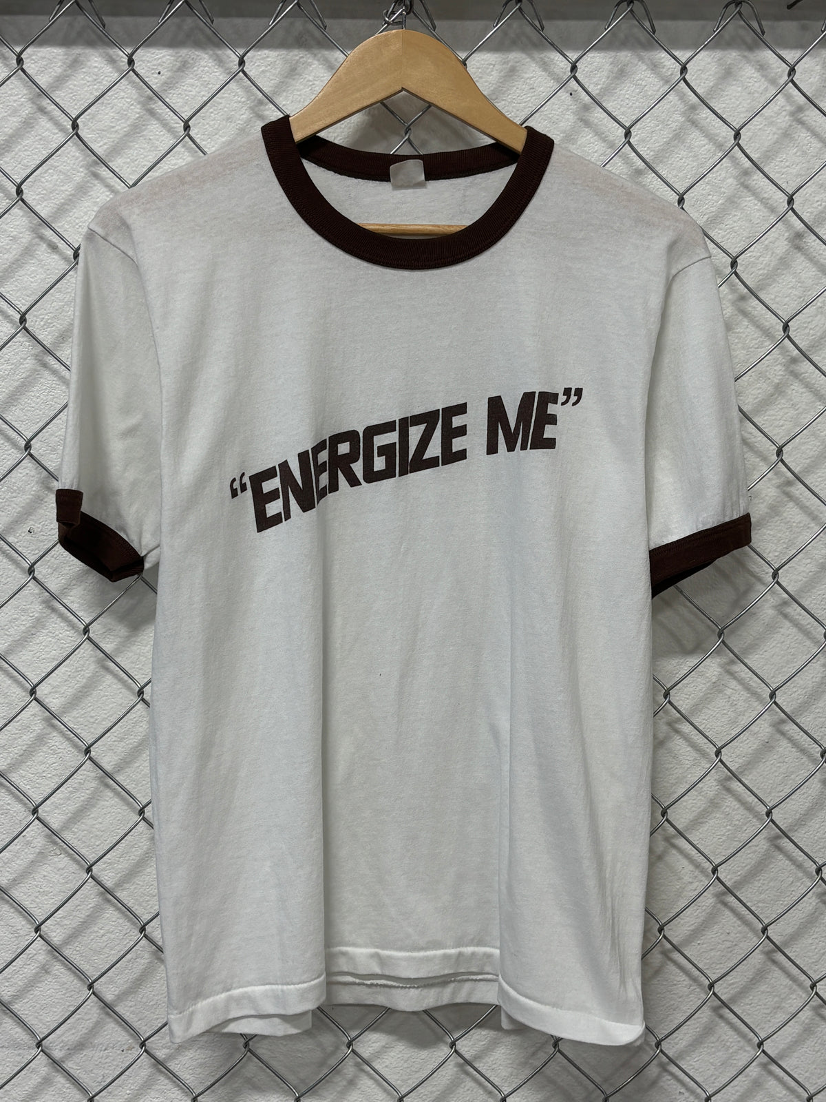 Vintage 80's Energize Me Ringer White Graphic Tee Size Large
