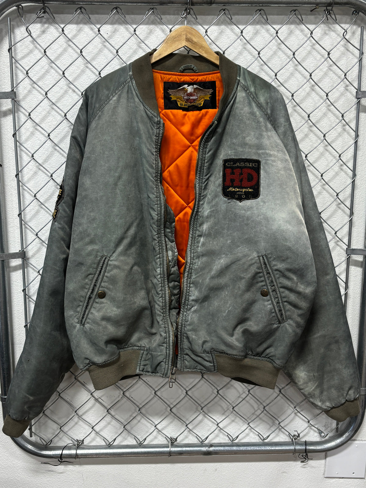 Vintage Harley Davidson Silver Stonewash Bomber Jacket Broken Zip Size XL