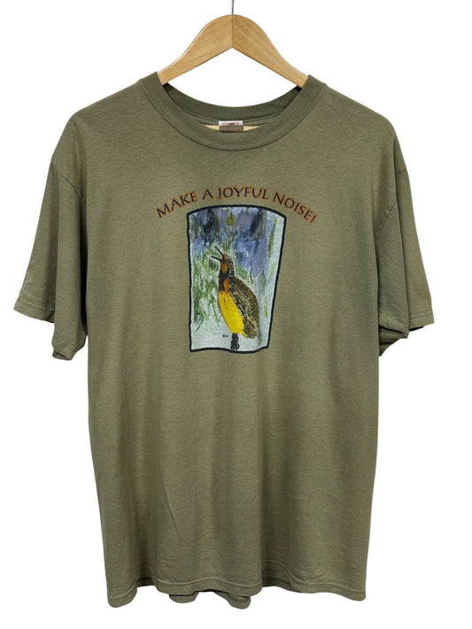 Vintage Make a Joyful Noise Bird Painting Graphic Nature Tee Size Large