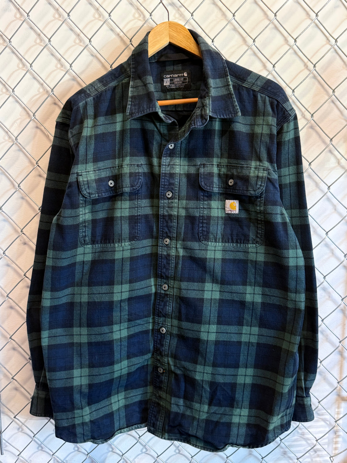 Carhartt Loose Fit Blue Green Flannel Work Button Up Shirt Size Large