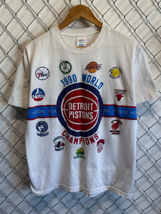 Vintage 1990 Detroit Pistons NBA Champions Logos Graphic Tee Size Large