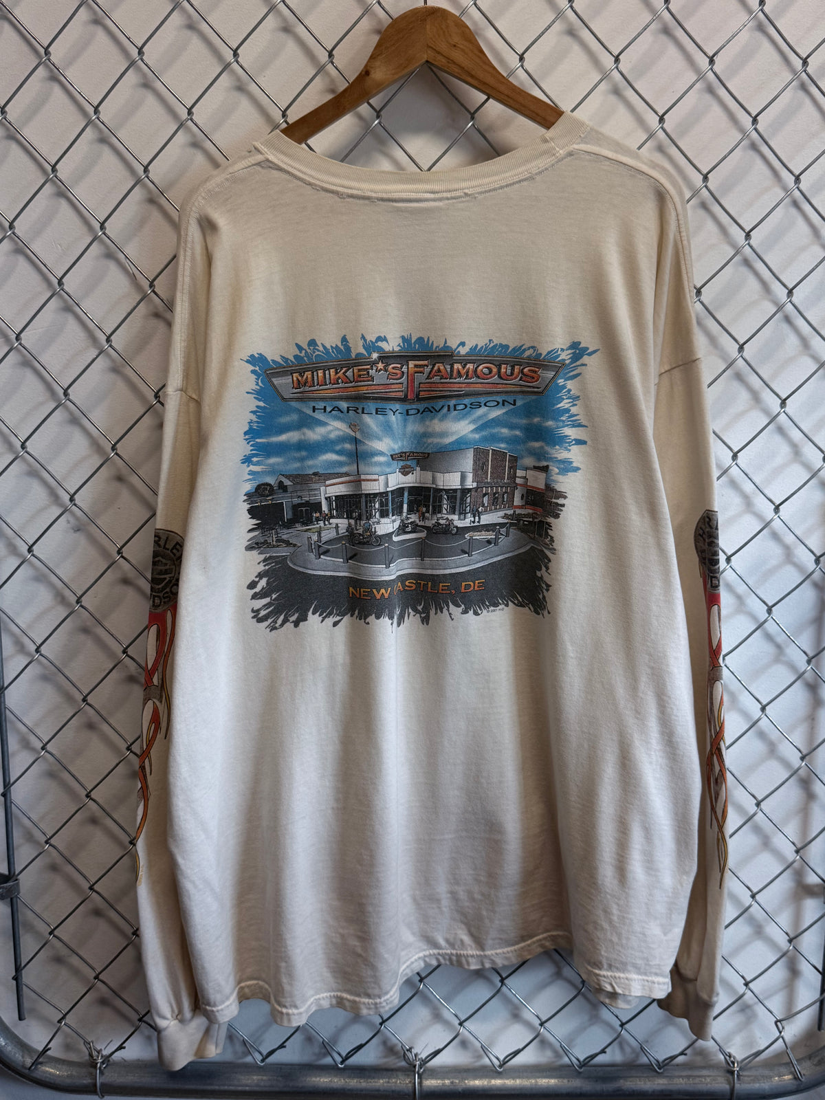 Y2K Harley Davidson Flame Sleeves White Long Sleeve Biker Shirt Size XXL