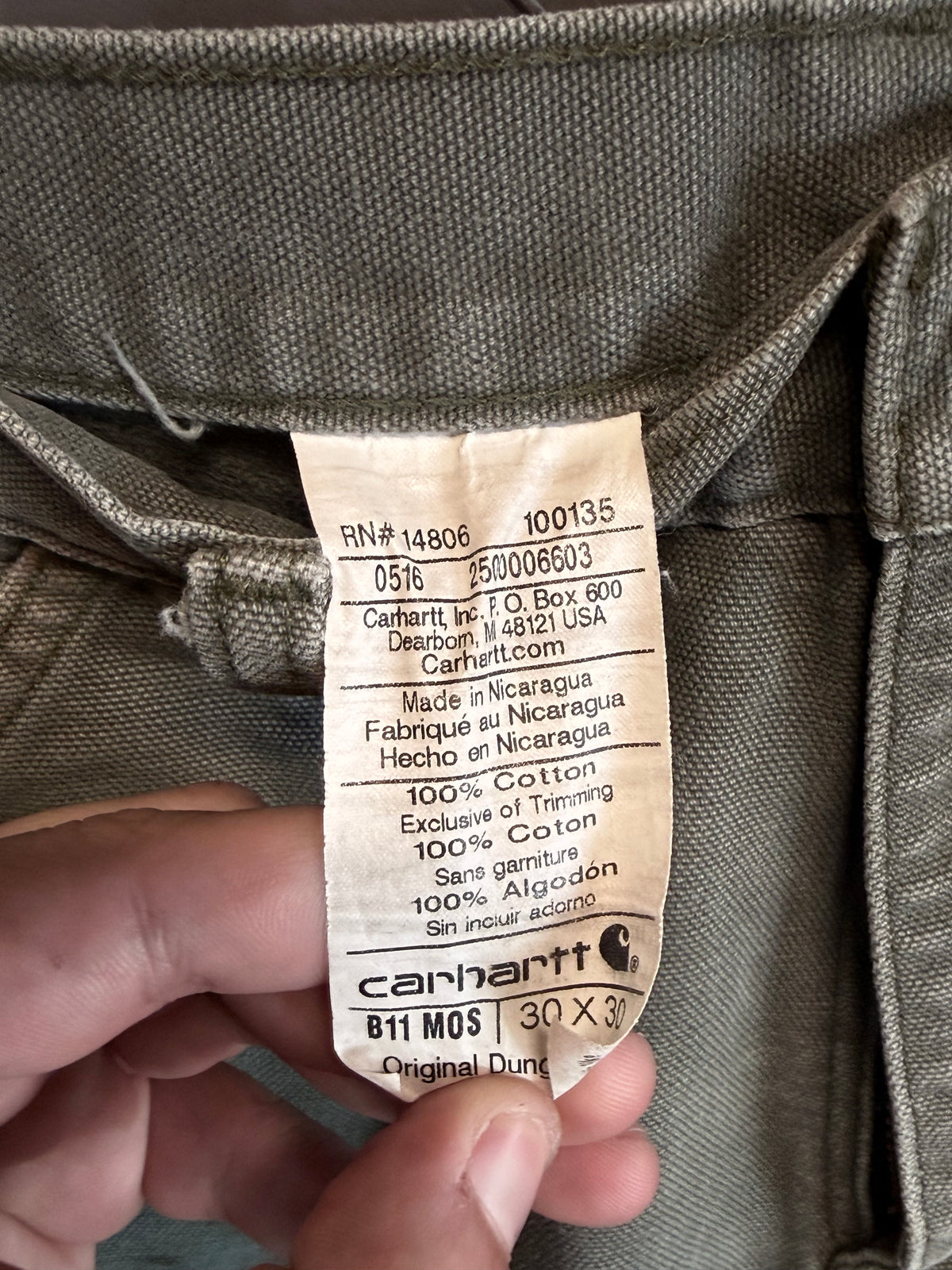Carhartt Olive Green Dungaree Fit Carpenter Pants Size 31x27